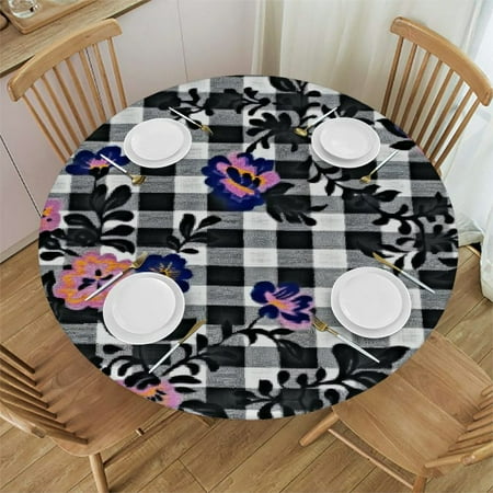 

Tllo0ord Checkered Round Fitted Tablecloth White Black Elastic Edge Decorative Tablecloths Dust & Wrinkle Proof Fabric Table Cover for Indoor Outdoor Party Use Fit for Table 54-58