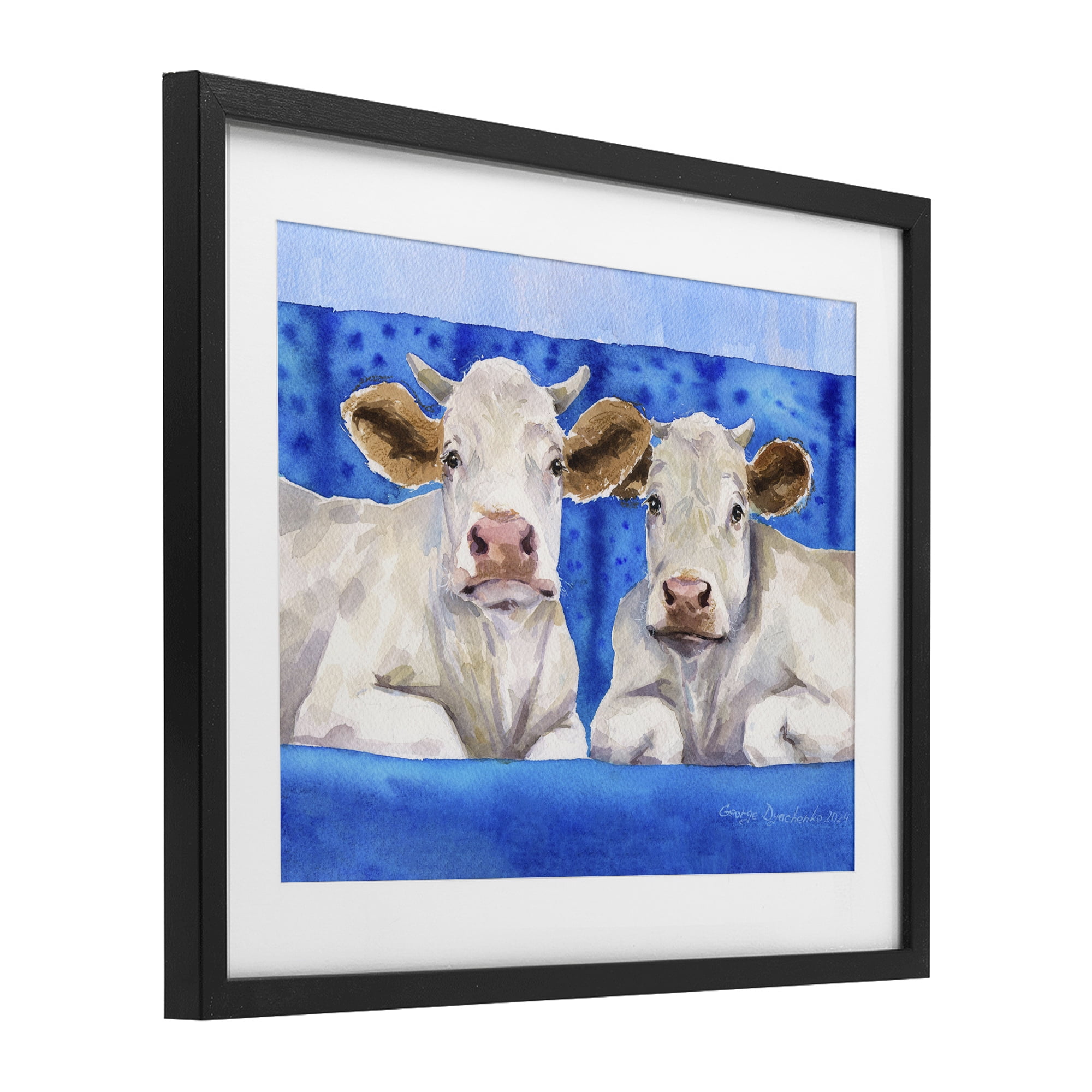 Stupell Industries White Cows on Blue Sofa Black Framed Print Under Glass, design by George Dyachenko