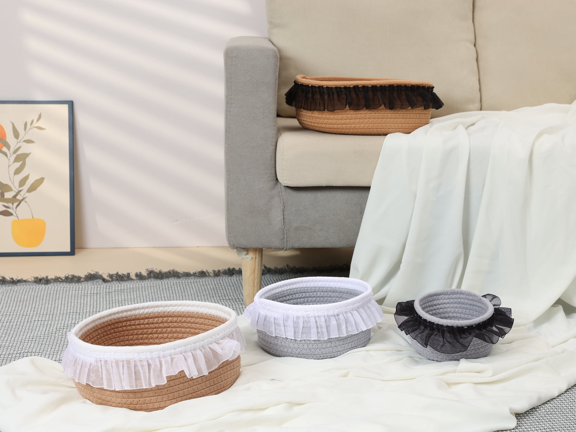 Unique Bargains Woven Storage Basket for Entryway Desk Gray/Black 10.8*10.2*4.3in