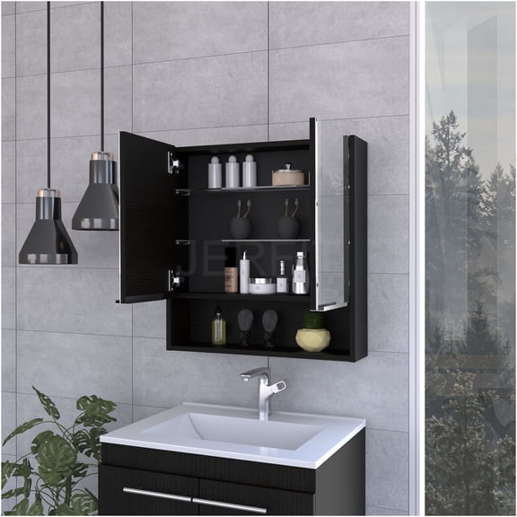JERFIT 24x24 Inch Black Medicine Cabinet with Mirror, 3-Tier Storage Shelves, Particle Board Wall Mount Bathroom Mirror Cabinet for Organized Space