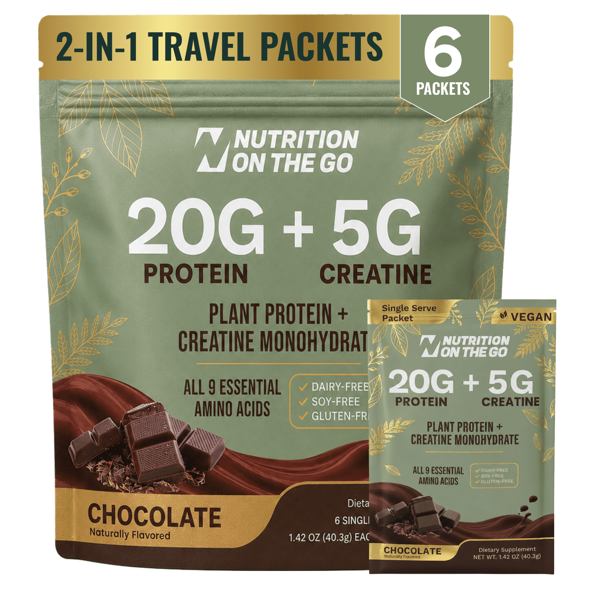 Nutrition On The Go Vegan Protein + Creatine Travel Packets, Chocolate, 6 Count