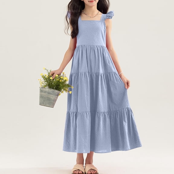 DJDLJWCJ Girls Sleeveless Dresses Stripe Printed Breathable Layered Dress Lightweight Girls Summer Sundresses, Blue 7-8 T