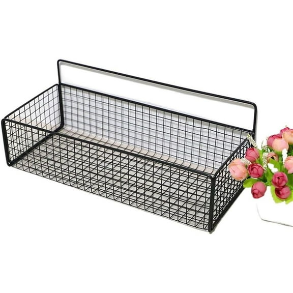 Metal Wire Basket Wall Mount, GIXUSIL Bathroom Storage Basket, 1Pcs Adhesive Fruit Kitchens Hanging Living, Room Wire Baskets, Food Storage Bin for Kitchen (14" x 6" x 4 ", Black)