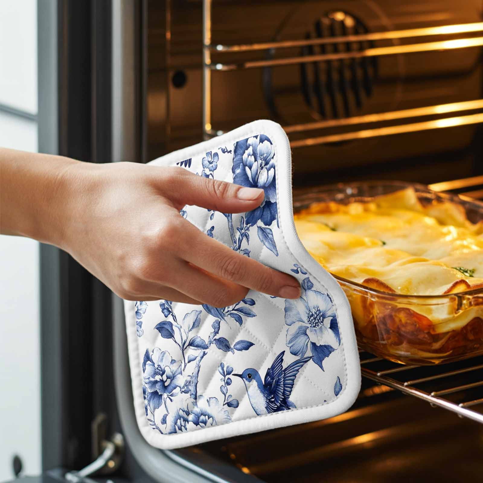 White Blue Spring Floral Pot Holders for Kitchen Heatproof Potholder, 4 Pack Summer Botanical Hummingbird Hot Pads Multipurpose Oven Pads Cloth Potholders Trivet for Cooking and Baking