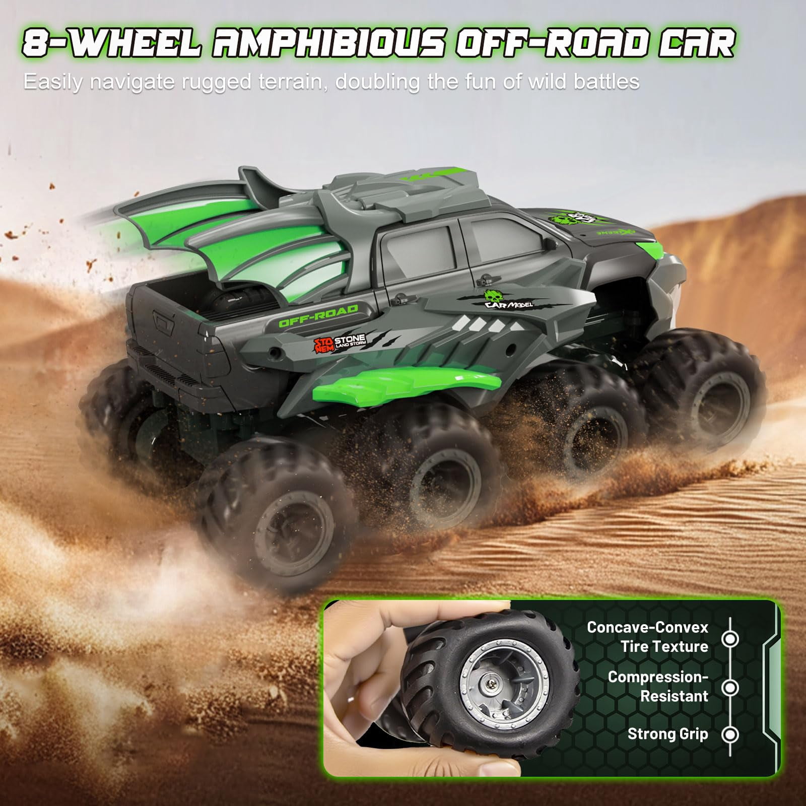 Amphibious Remote Control Car 8WD RC Monster Truck with 2 Rechargeable Batteries for Boys Age 8-12 Offroad Waterproof RC Pickup All Terrain RC Drift Cars Beach Pool Toys Gifts for Kids