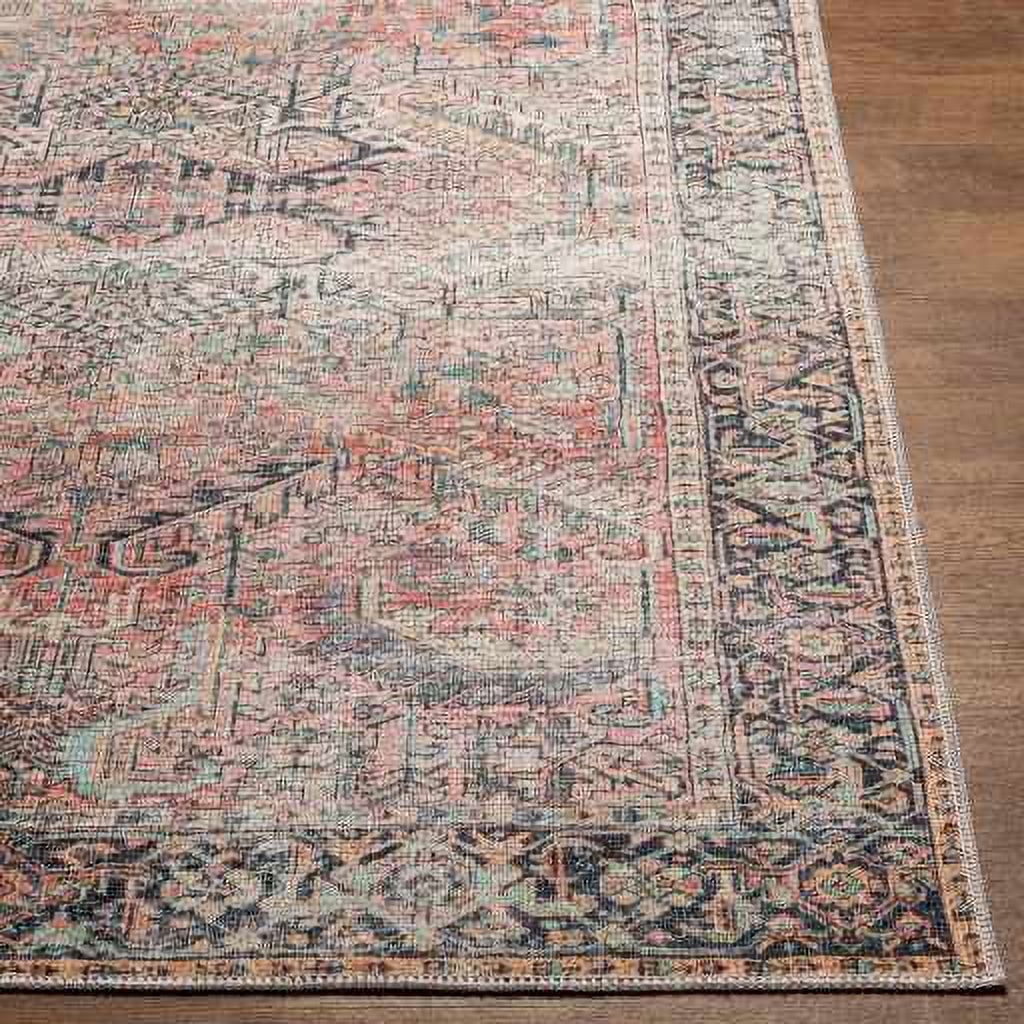 Hauteloom Kemer Machine Washable Area Rug for Living Room - Vintage Distressed Faded - Oriental Bohemian Traditional Bordered Carpet -Pet Friendly- Pink, Light Red, Blue - 7'6" x 9'6"