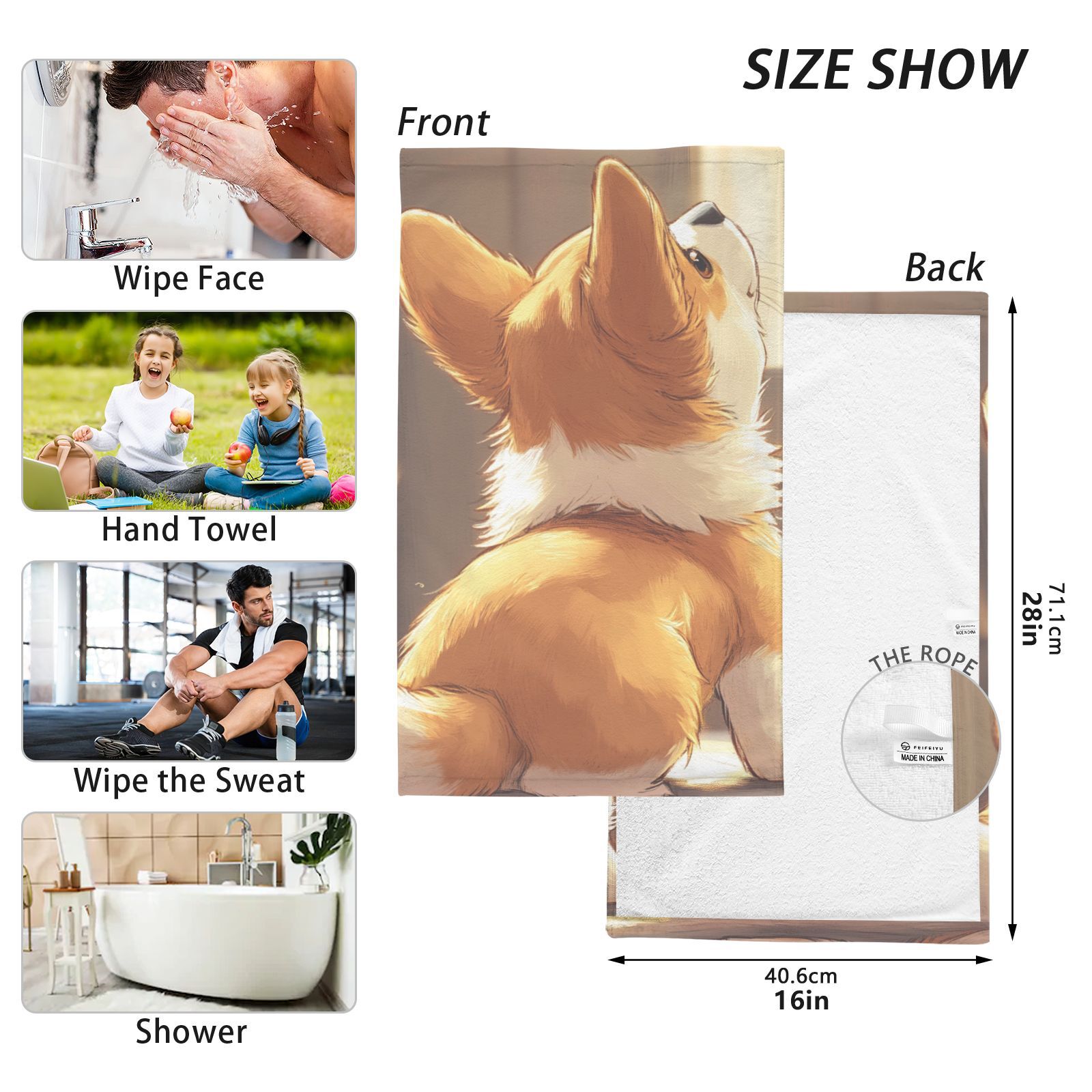 Cute Corgi Hand Towels Cotton Bath Towels Large Face Towels Absorbent for Bathroom 2 Packs