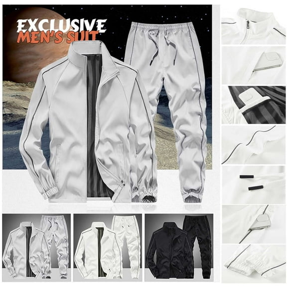 RYDCOT Men's Sweatsuits for Men Set 2 Piece Track Suits Jogging Casual Sports Pocket Drawstring Pants and Full Zip Stand up Collar Top Set White