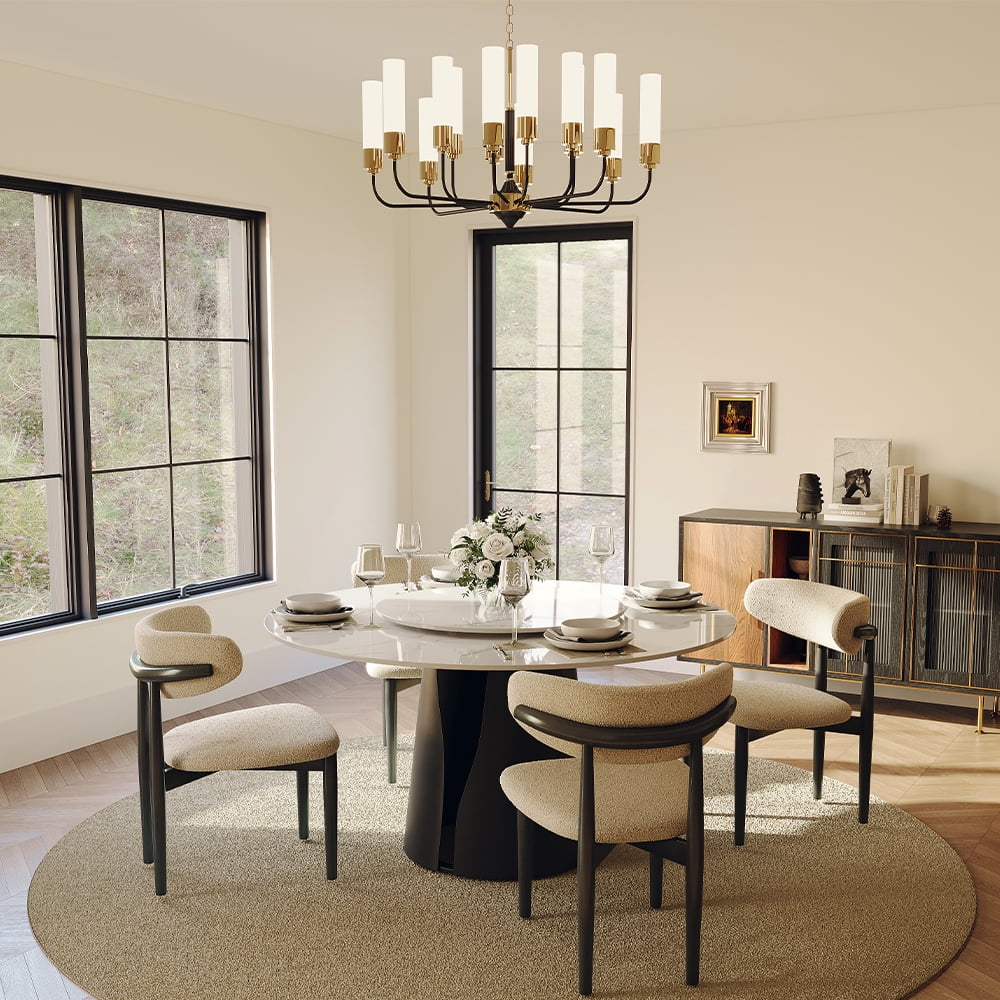 POVISON 59"Modern Round Black Kitchen Dining Table For 6 With Lazy Susan, Glossy Sintered Stone Tabletop, Solid Black Carbon Steel Base