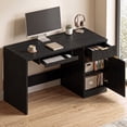 thumbnail image 3 of Waleaf 55" Computer Desk with Drawers & Storage Shelves, Modern Home Office Desk with Keyboard Tray, Sturdy Wood Study Writing Desk for Bedroom Living Room（Black）, 3 of 8