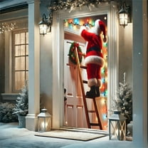 ‌Christmas Door Cover - Santa Claus Climbing Ladder Decor,Holiday Wreath,Festive Door Decorations,Farmhouse Home office Party,Door Porch Covers for Home Party Holidays Decoration,35in x 71in‌