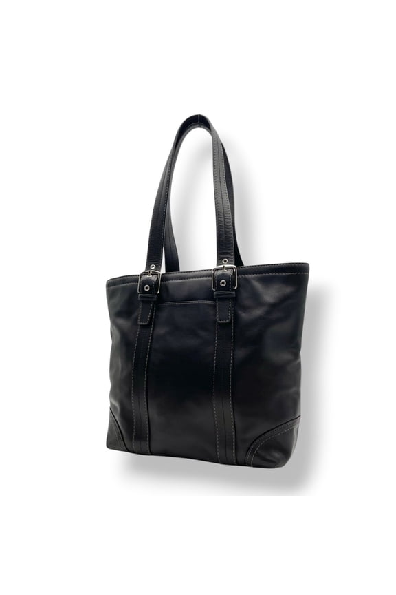Pre-Owned Coach Hamptons Leather Tote Bag Handbag Black Silver Hardware S9