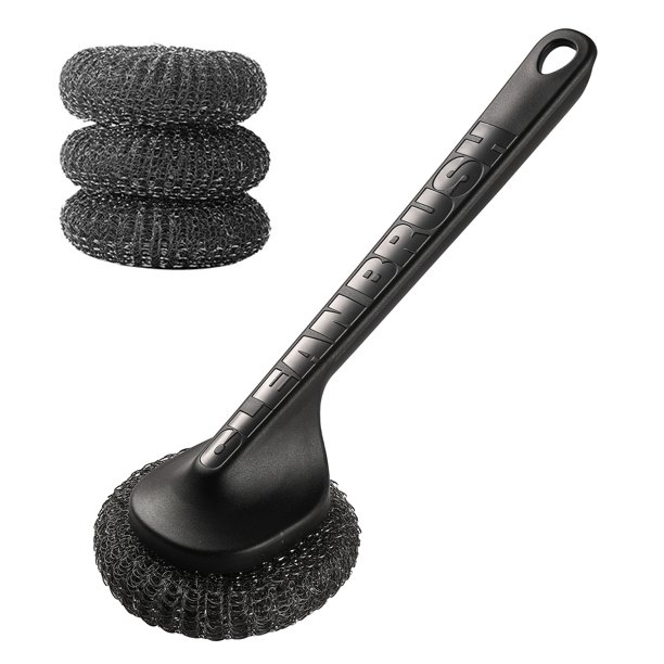 Cepillo para ollas con cabezal de bola de acero, agarre antideslizante, orificio para colgar, mango largo, fregador de platos, herramienta de limpieza de cocina