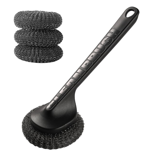 Cepillo para ollas con cabezal de bola de acero, agarre antideslizante, orificio para colgar, mango largo, fregador de platos, herramienta de limpieza de cocina
