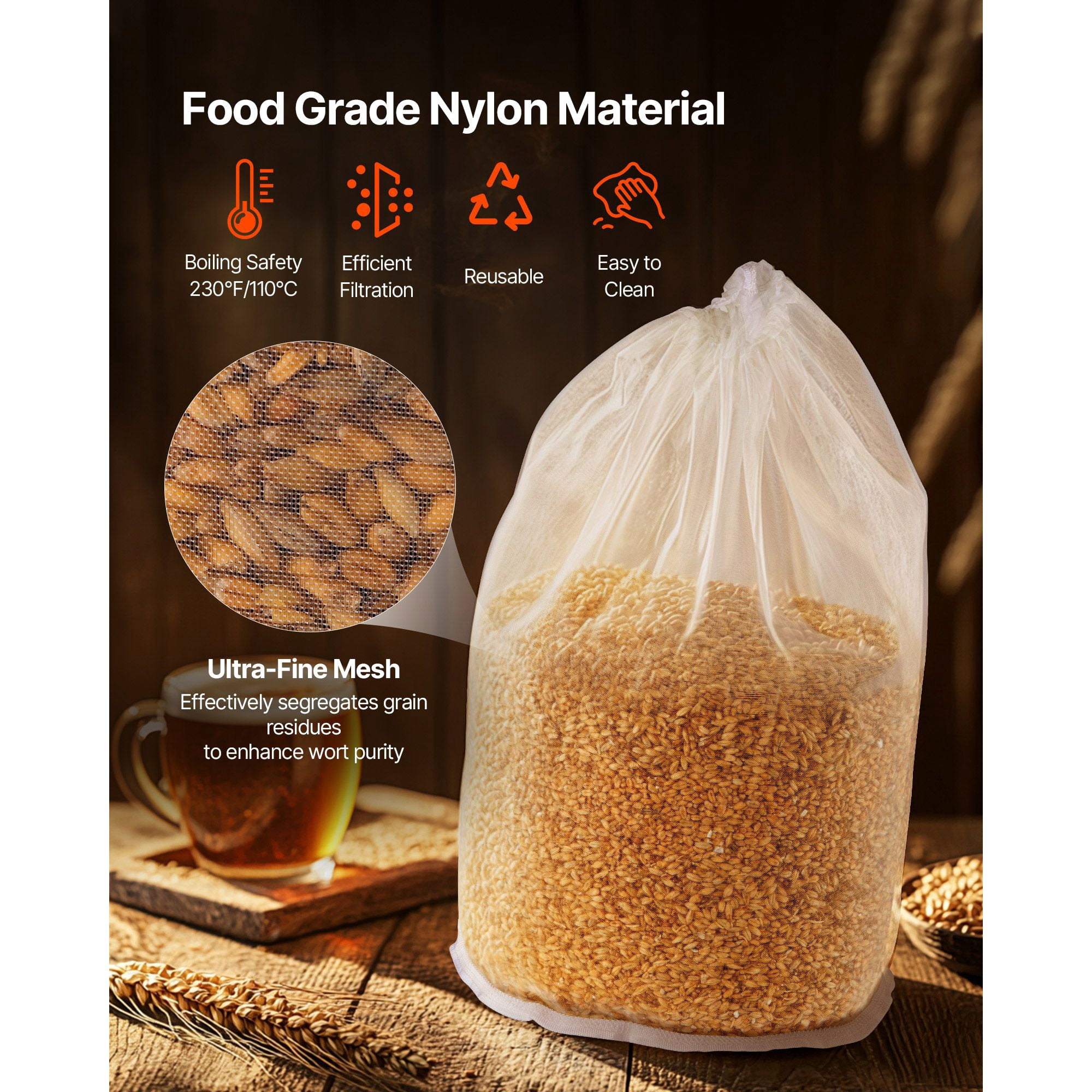 Fine Mesh Brew Bags for Home Brewing, Holds Up to 4.6 lbs Grain Food Grade, Reusable Beer Brewing Filter Bag for Homebrew Beer Kettle