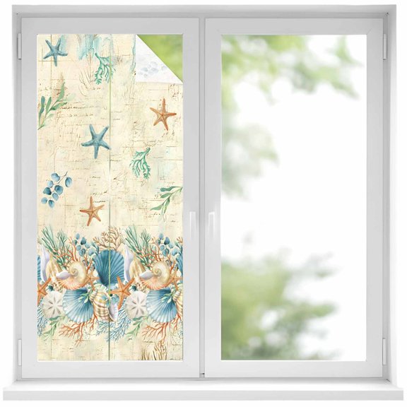 Beach Coastal Beige Window Privacy Film, Nautical Shell Starfish Coral Summer Static Cling UV Sun Blocking Heat Control Window Tint Day and Night, Non-Adhesive One Way Privacy Cover 17.7''x39.3''
