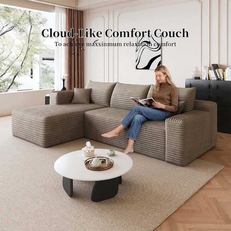 94" Modular Sectional Sofa, Modern Corduroy Cloud Couch with Side Pockets, Boneless Couch Upholstered 3-Seater L-Shaped Sofa for Living Room, Left Facing Chaise