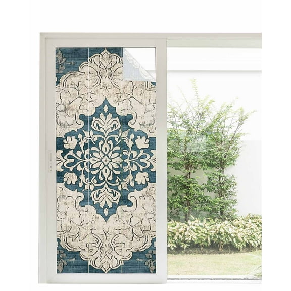 Window Privacy Film Boho Flower Stained Glass Window Film Decorative Sun Block Window Cover Vintage Abstract National Floral Window Clings Static Adhesive Sticker for Bathroom 35.4"x78.7"