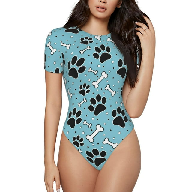 Fotbe Cute Dog Footprints Body de Mujer con Cuello Redondo y Mangas Cortas, Sin Mangas Ajustado, Suave, Cómodo y Básico-Medium