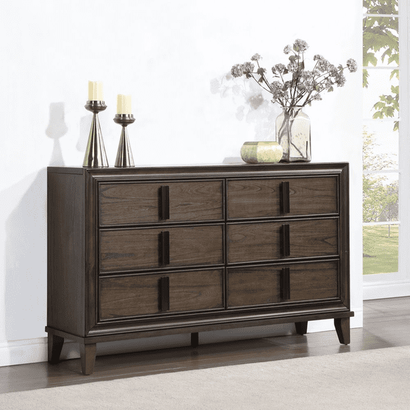 WGYPRIME Wooden 6 Drawer Dresser, Modern Dresser Chest with Soiid Leg & Wood grain, Wide 6 Drawers Dresser for Bedroom