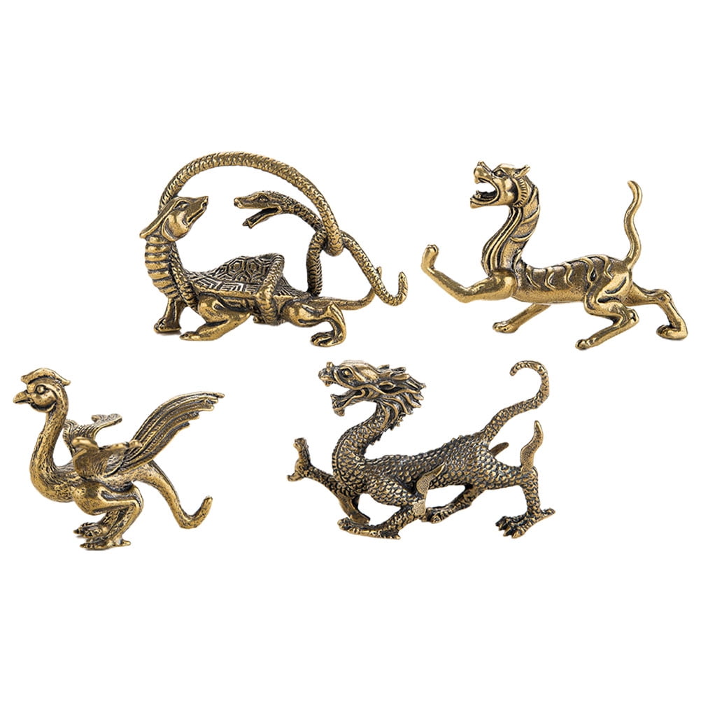 FENGGUIQU 4Pcs Golden Brass Animal Figurines Ancient Chinese Animal Statues for Garden Decor