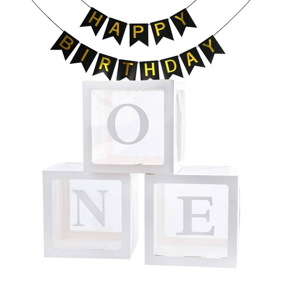 Cheinxy 1st Birthday 'ONE' Decorations Boxes for Boys Girls - Clear Cube Blocks 'ONE' Letters for Cake Smash Photoshoot Props & Backdrop(White)