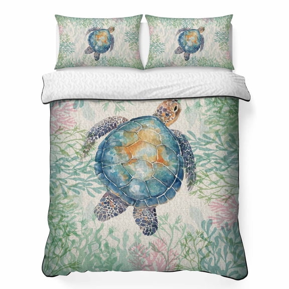 Summer Sea Turtle 3 Piece Quilt Bedding Set with 2 Pillow Shams, Nautical Ocean Watercolor Turtle Coral Linen Lightweight Bedspread Coverlet, Soft Breathable All Season Quilt, 79 x 90 Inch