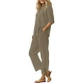 thumbnail image 2 of Women's Cotton Linen Shirt & Pants Set - Long Sleeve Solid Color Casual Suit, Xl, Brown, 2 of 9
