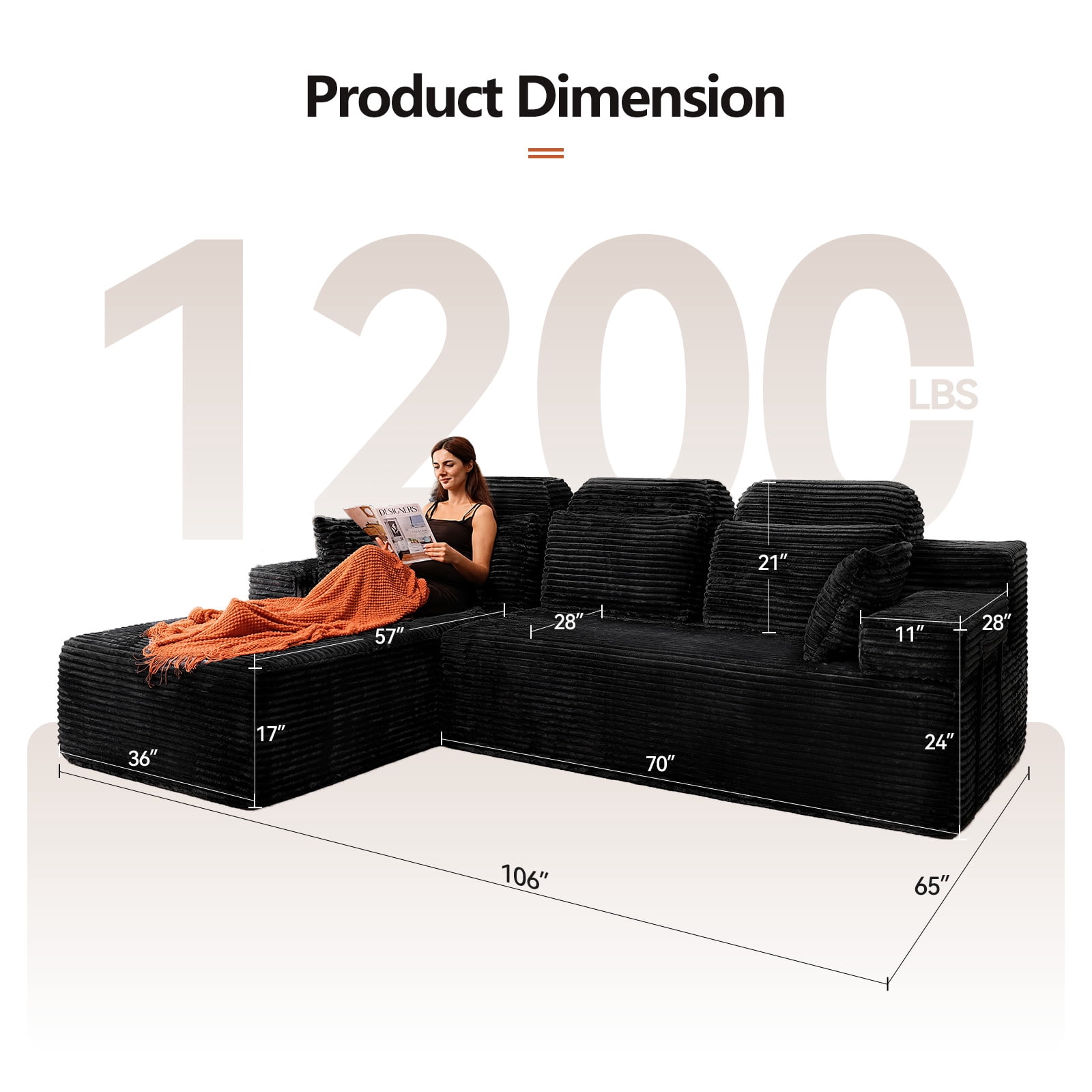 106" High Backrest Sectional Sofa&Couch, L-Shape Sectional Sofa Convertible Left or Right Chaise, Cloud Corduroy, Boneless Couches Comfortable for Living Room, Black