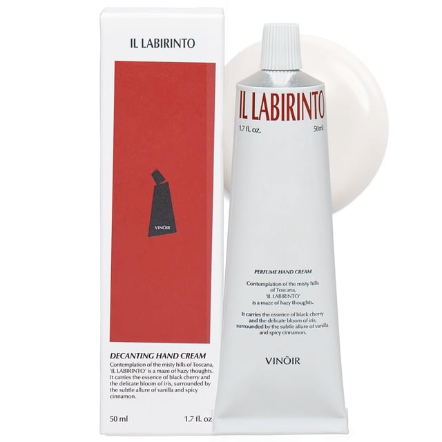 VINOIR Crema de manos decantante IL LABIRINTO - Hidratante de manos perfumado de larga duración para pieles ásperas - Manos suaves y tersas - Aroma de iris de cereza negra y canela 1.7 oz.