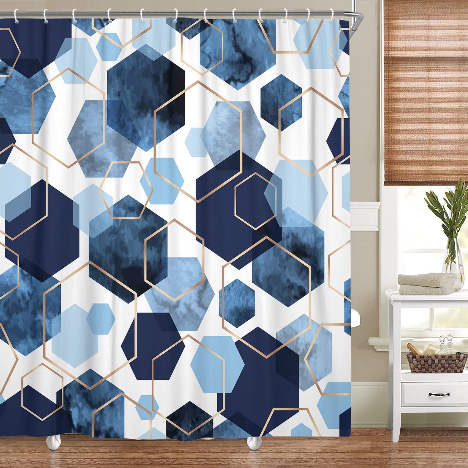 Blue Grey Modern Geometric Shower Curtain, Watercolor Deep Blue Navy