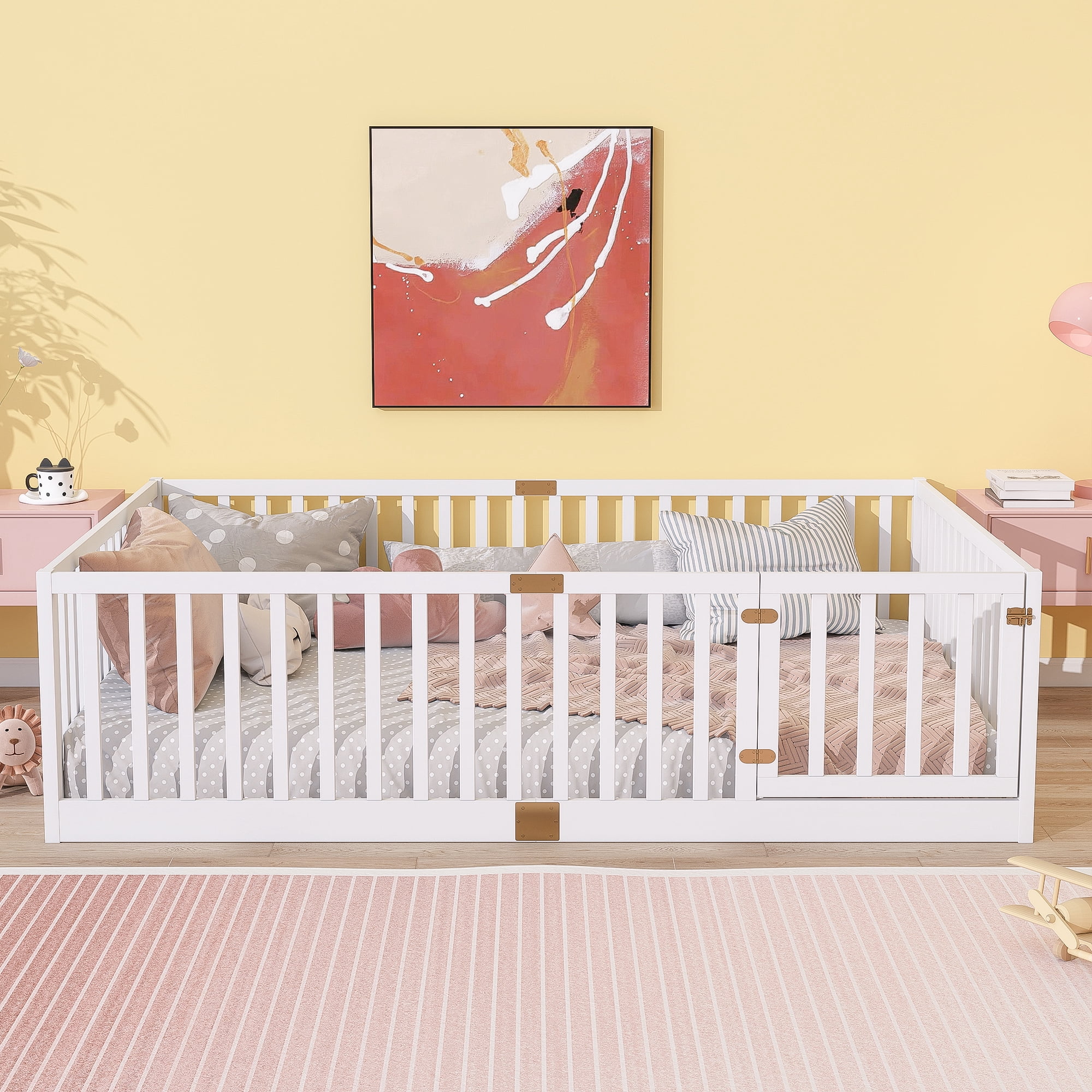 Full Size Rubber Wood Floor Bed with High Fence Railings and Revolving Door, White Safety Guardrails Kids Platform Bed with 6 Support Slats for Compact Bedroom