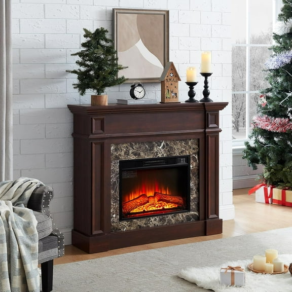 45" Electric Fireplace with Mantel, Faux Marble Pattern Surround, Freestanding Fireplace Heater with Timer & LED Flame, 23" Fireplace Insert (Cherry)