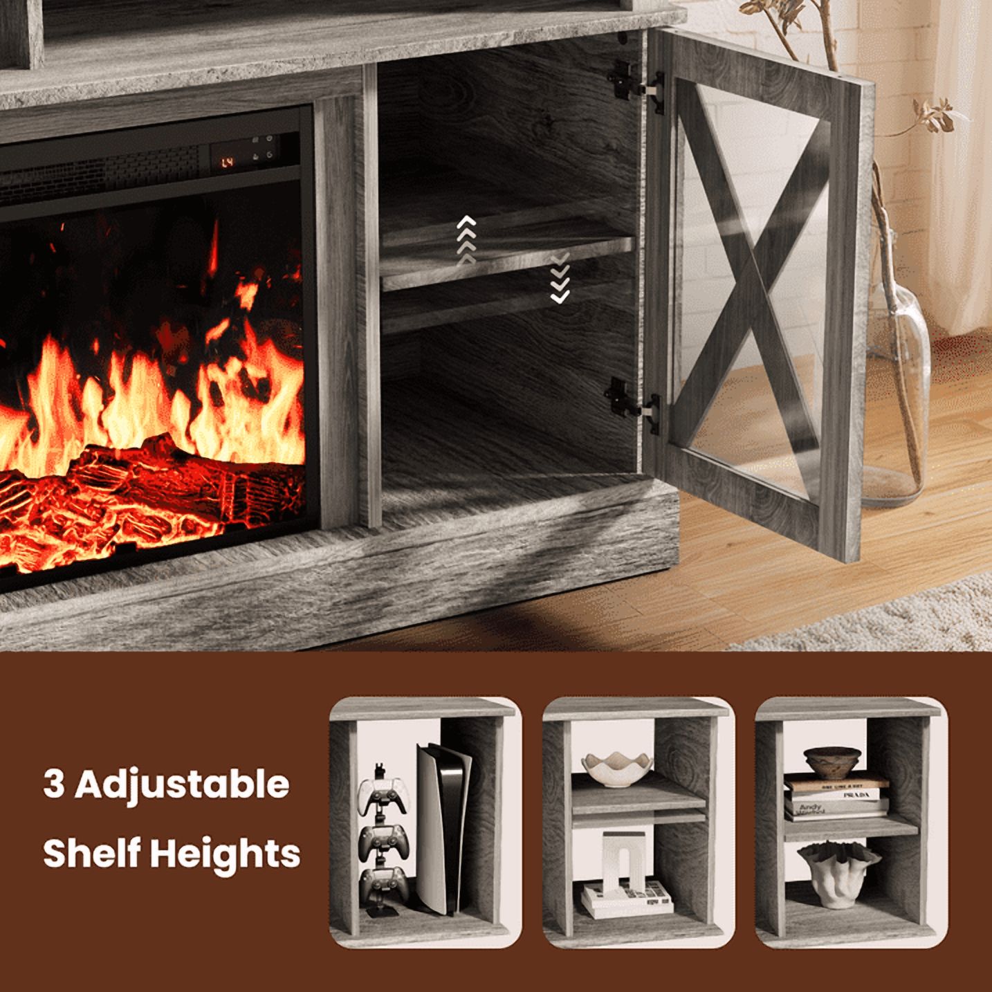Electric Fireplace TV Stand for 75 inch TVs Farmhouse TV Console with 23″ Fireplace, Gray