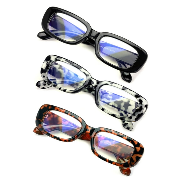 3 Pairs Women Rectangle Blue Light Blocking Reading Glasses Retro Bold Anti Eyestrain & UV Glare 1.00