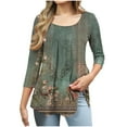 thumbnail image 2 of JTZGDY Summer Tunic Tops for Women Dressy Casual 2025 Fashion 3/4 Lenght Sleeve Floral Printed Ruched Pleated Crewneck Graphic T-Shirts Loose Fit Curvy Hem Blouse Army Green#02 XXL, 2 of 7