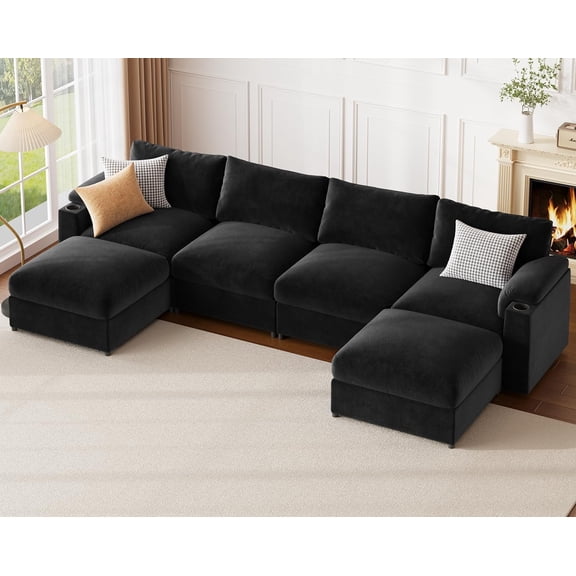 Sectional Couches for Living Room 119.6 Inch U Shaped Cloud Couch Modular Sofa Deep Seat 6-Seat Velvet Convertible Sleeper Sofa Chaise Padded Armrests Cup Holder