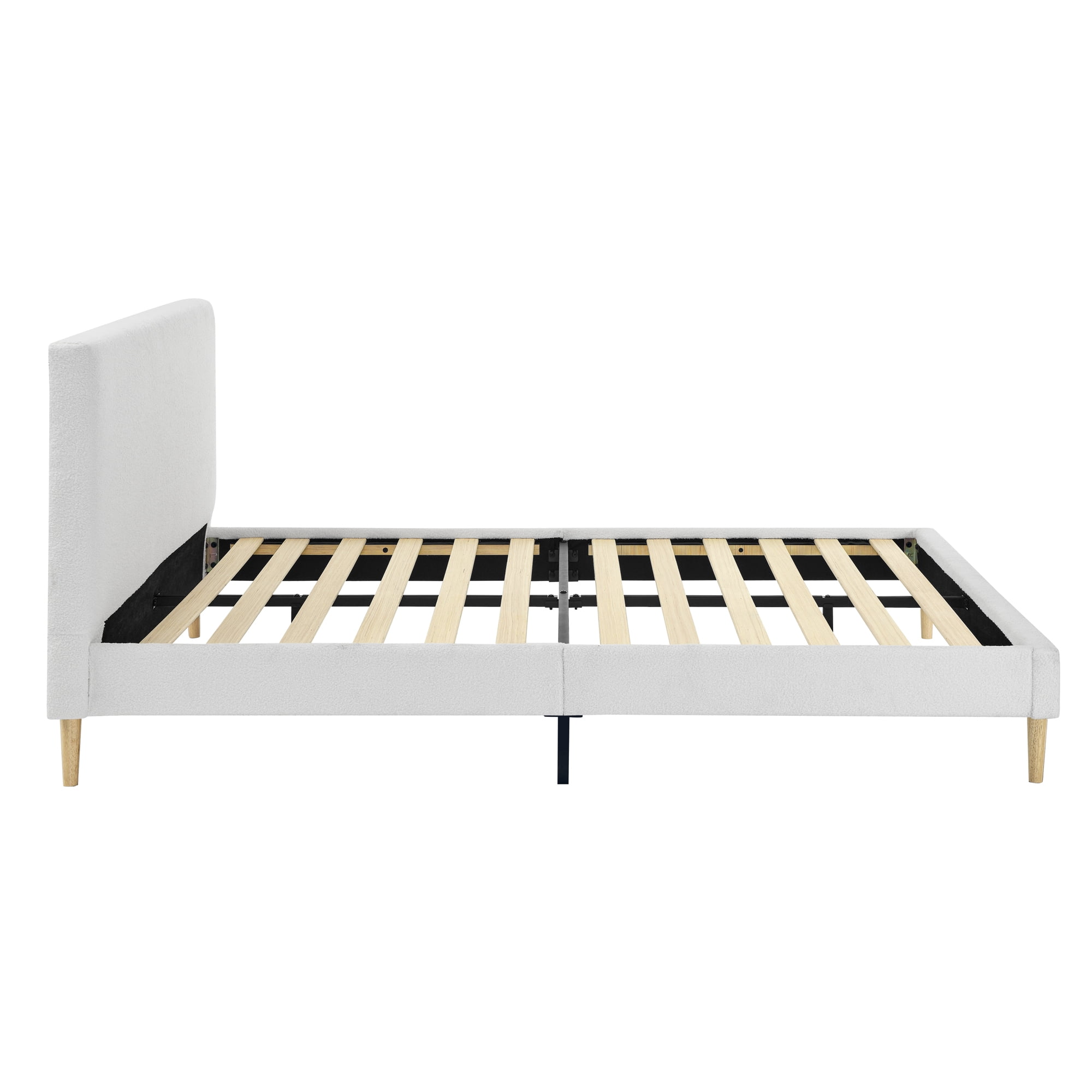 King Size Upholstered Platform Bed Frame with Headboard, Solid Wood Slat Support, White, No Box Spring Needed, Easy Assembly