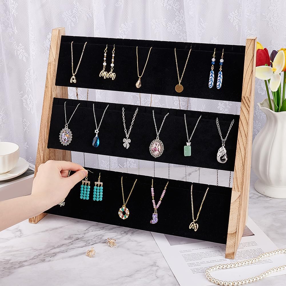 PH Necklace Jewelry Display Holder 3 Tier Wood Pendant Holder Display Stand with Black Velvet Large Capacity Necklace Organizer Stand Jewelry Display for Home or Selling Show for DIY