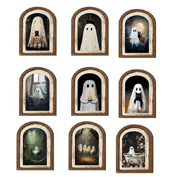 Vintage Halloween Ghost Wooden Sign Rustic Distressed Arched Wall Decor Gothic Spooky Shelf Sitter for Mantel Tabletop Windowsill Display