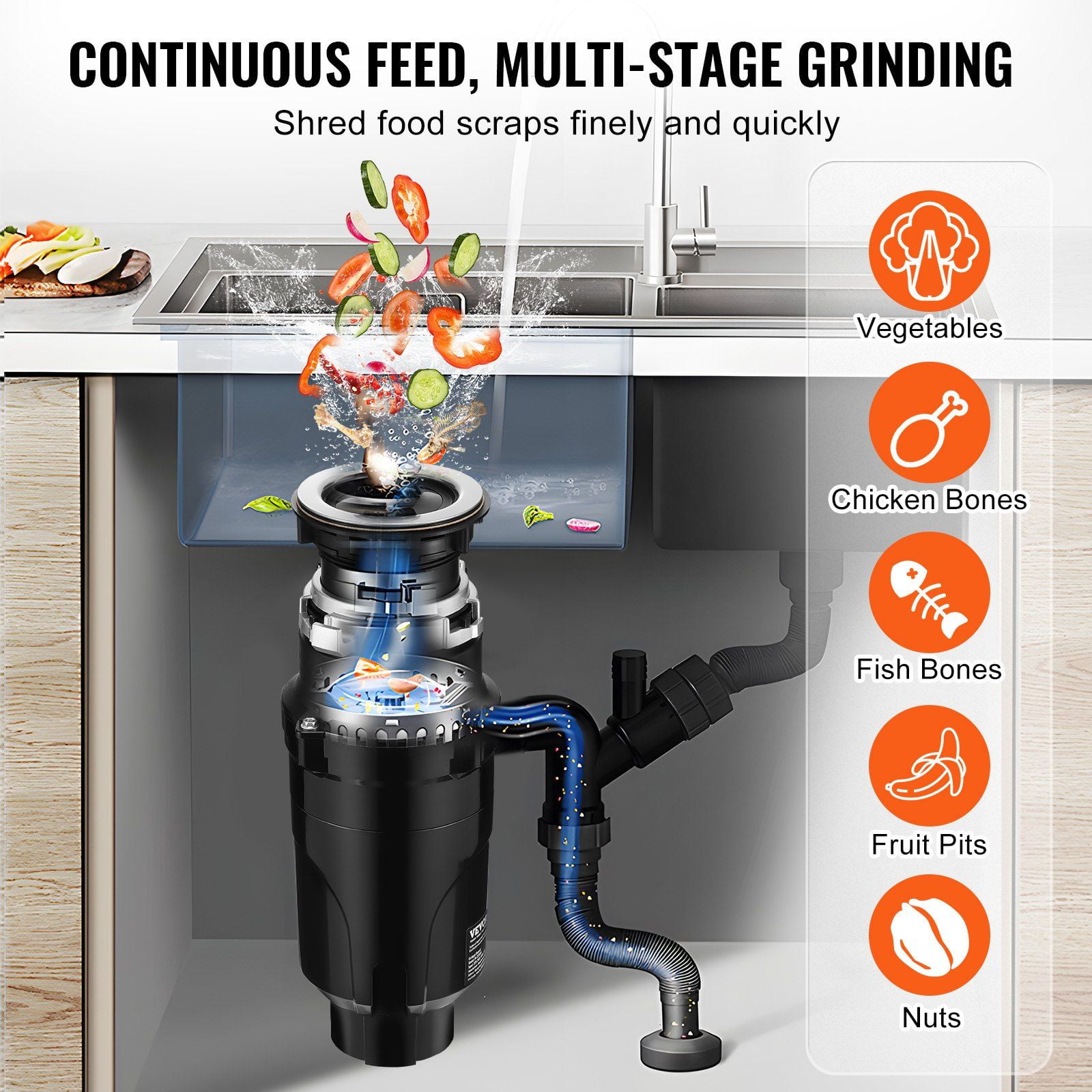 1/2 HP 3450 RPM Continuous Feed Garbage Disposal Food Waste Disposer with EZ Connect Grinding System Power Cord Splash Guard for Kitchen Sinks