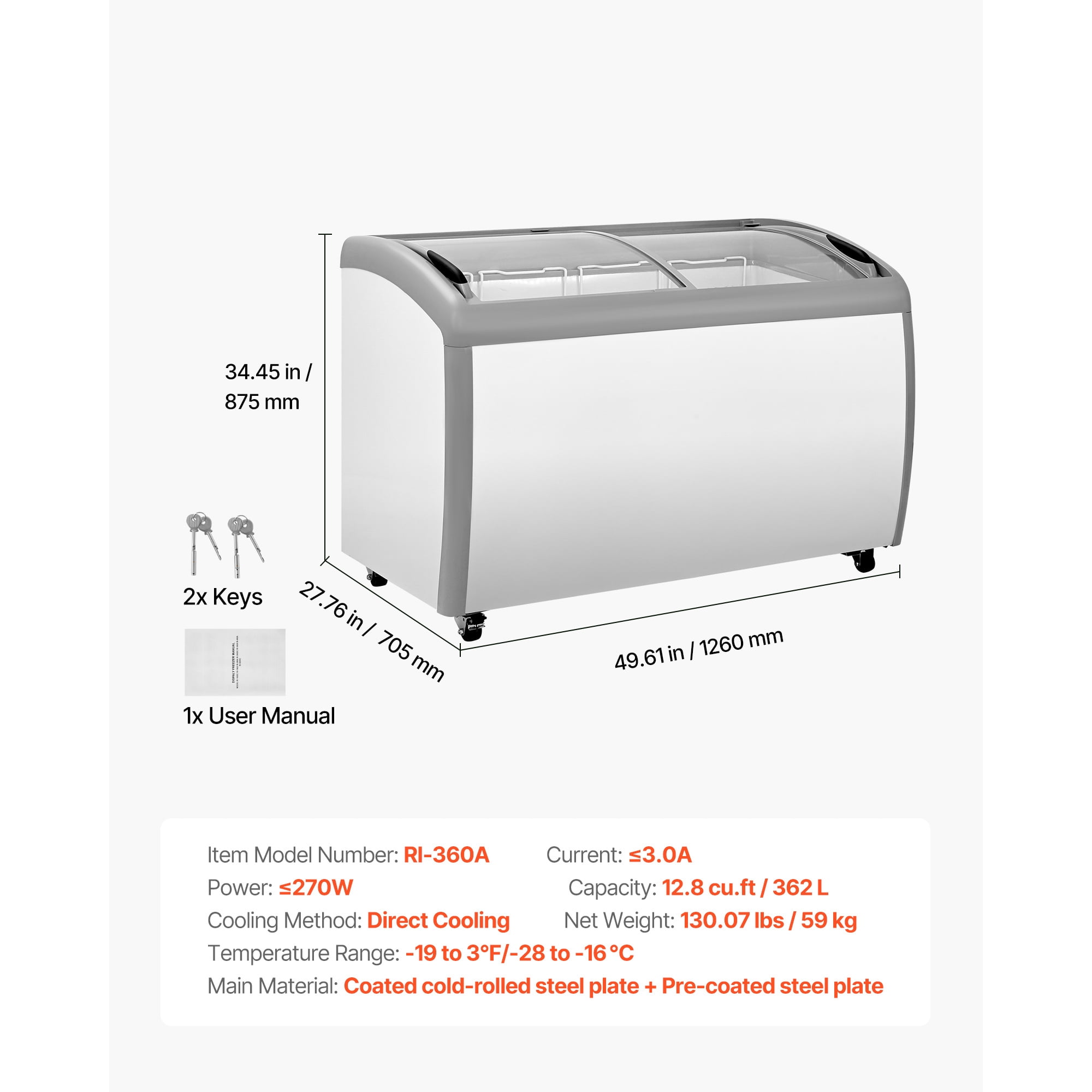 KFFKFF Commercial Ice Cream Display Case, 12.8 Cu.ft Chest Freezer, Adjustable Temperature Range from -19 to 3℉, Mobile Deep Freezer with 4 Wire Baskets, Sliding Glass Doors