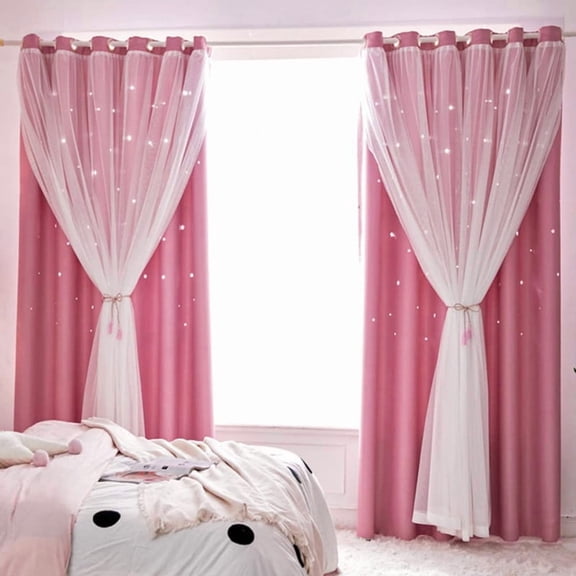 Kids Curtains with White Sheer Overlay, Cutout Room Darkening Blackout Curtains Bedroom Double Layer Grommet Top (2 Panels)