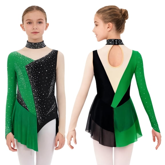Sholeno Kids Girls Figure Ice Skating Dress Long Sleeve Shiny Rhinestone Mesh Spliced Gymnastics Ballet Leotard Dark Green 6