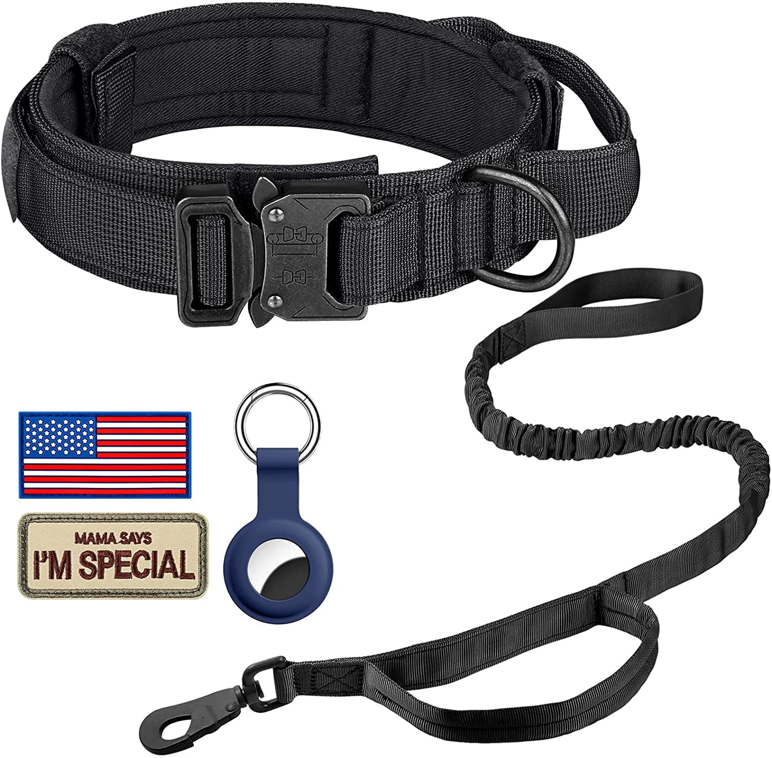 Tactical Dog Collar Leash Set, Adjustable Military Training Nylon Dog Collar with Controll Handle and Heavy Metal Buckle for Medium and Large Dogs，with Patches and Airtags Case (L, Black-Set)