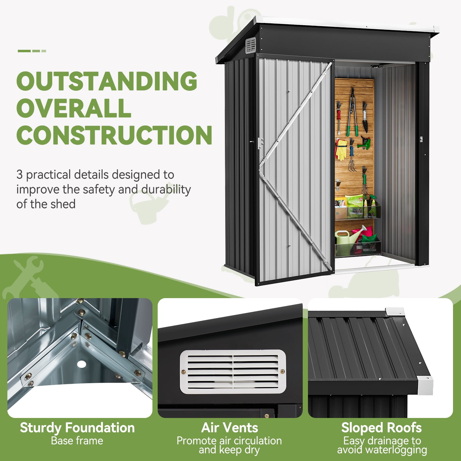 Bapipro 5' x 3' ft Storage Shed, Outdoor Shed with Lockable Door for Garden, Black