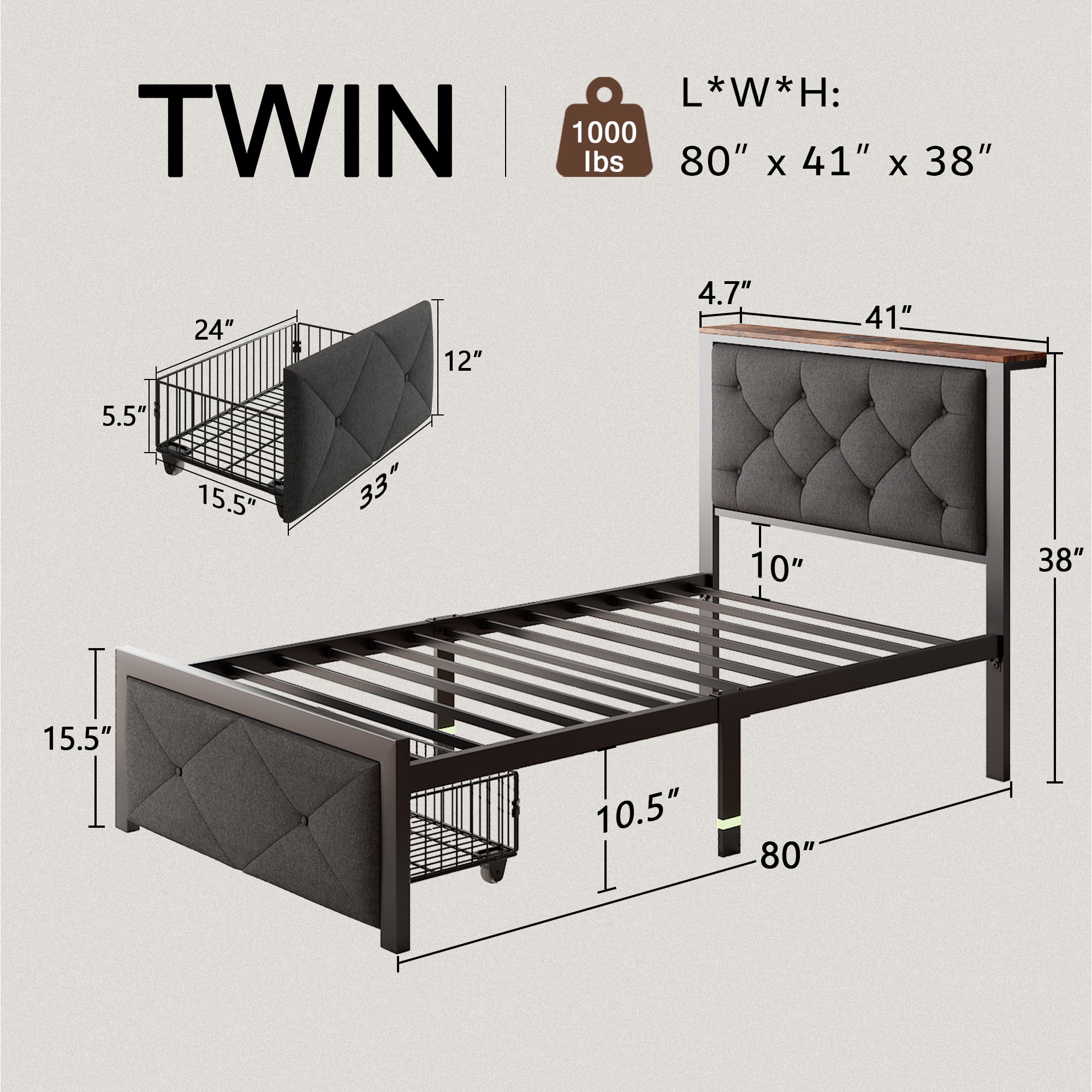 Virans Twin Size Bed Frame with Storage Drawers, Linen Upholstered Platform Bed with Charging & Storage Headboard, Metal Slat Support, No Box Spring Required, Noise Free, Easy Assembly,Gray