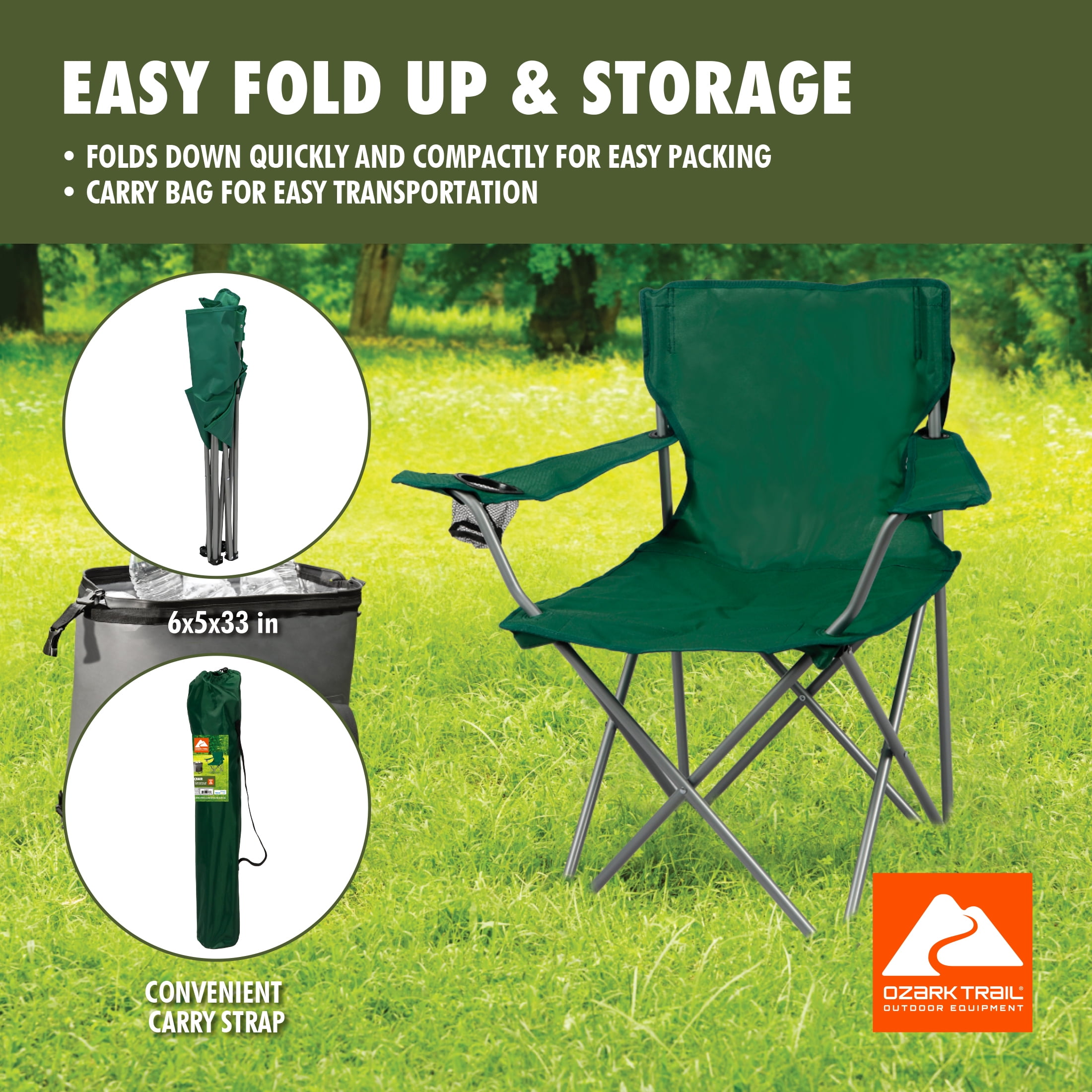 Ozark Trail Quad Folding Camp Chair with Cup Holder, Dark Green