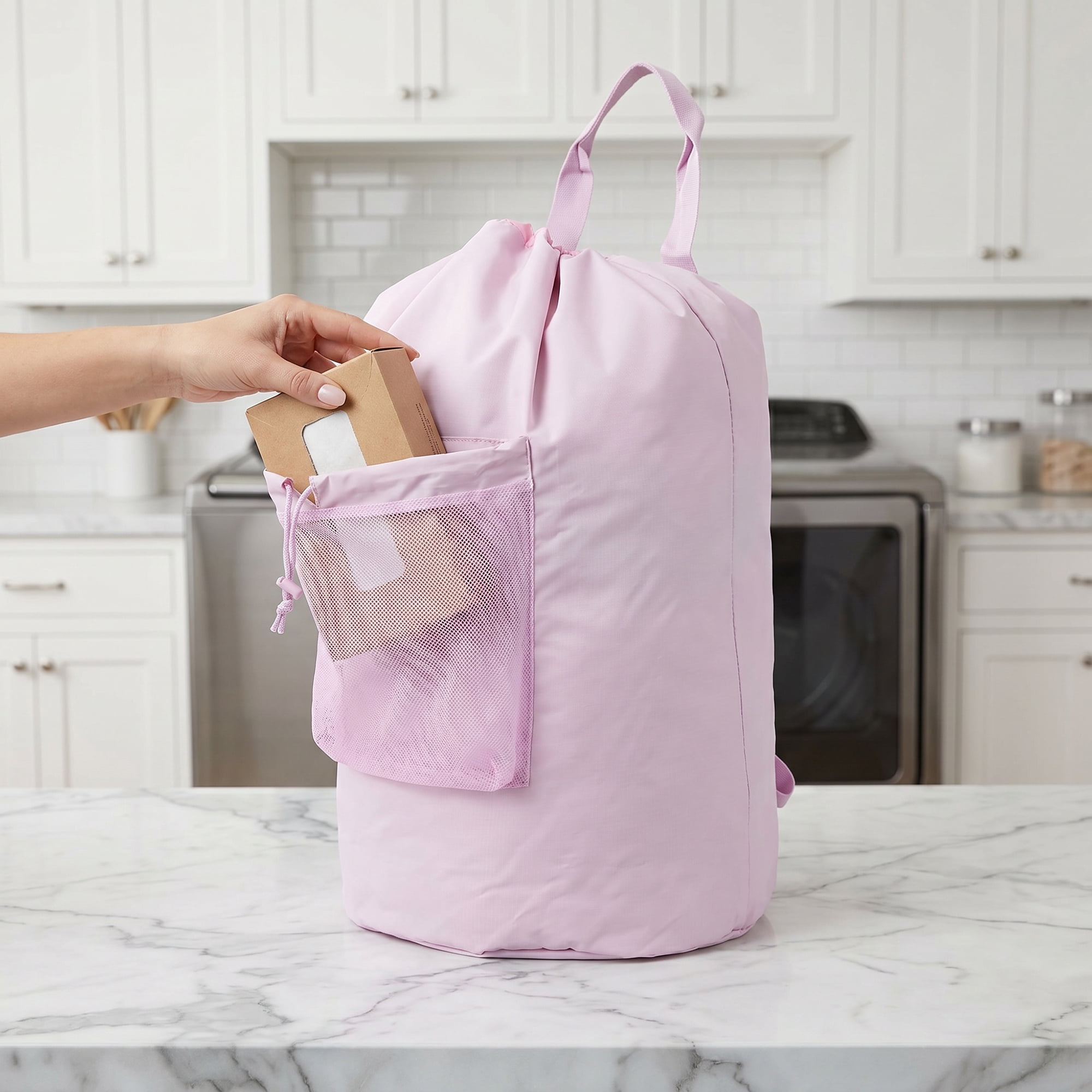 Unique Bargains Polyester Laundry Backpack with Wet Pocket Laundry Bag Pink