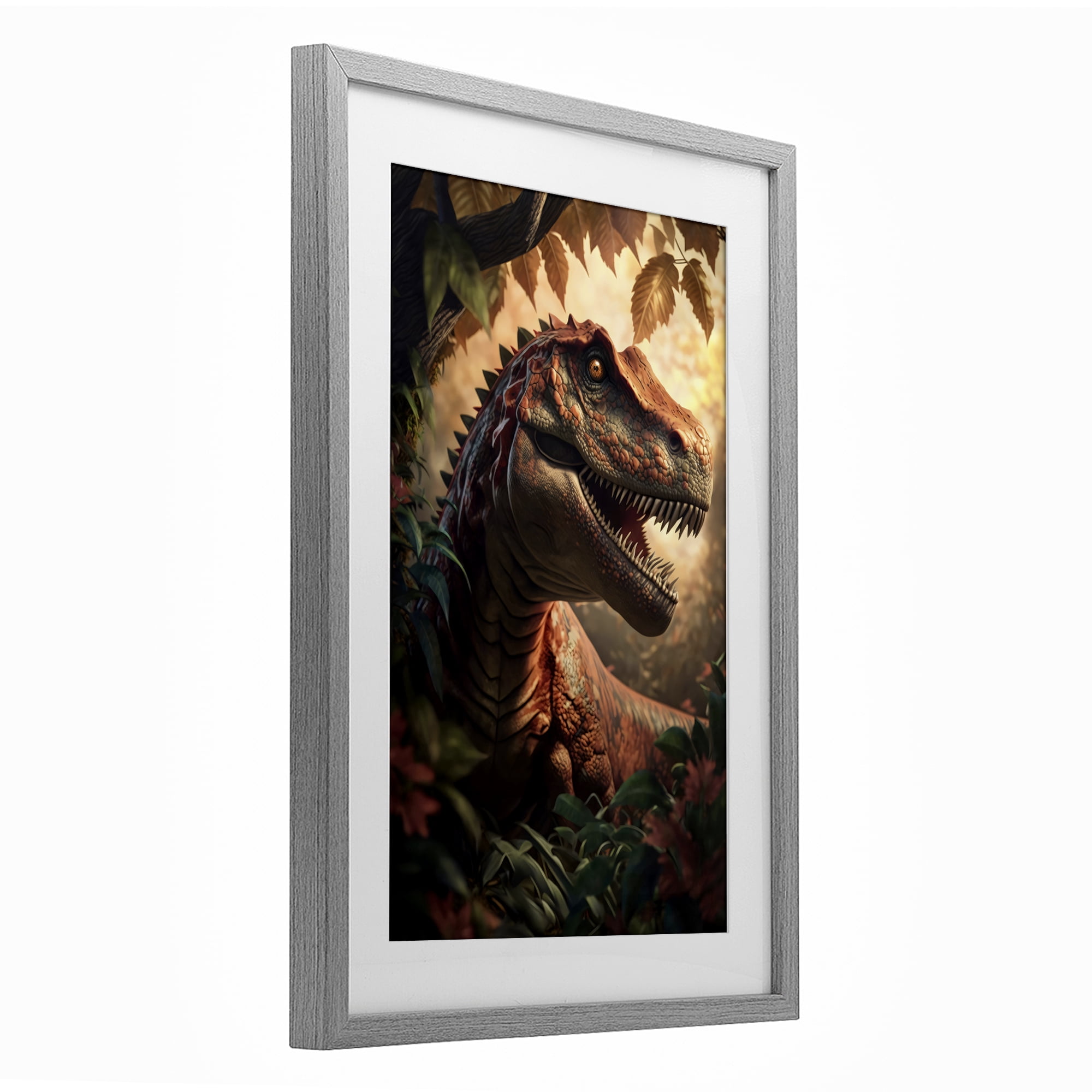 Stupell Industries Jungle Raptor with Ancient Foliage Gray Framed Print Under Glass, design by Creative Studio